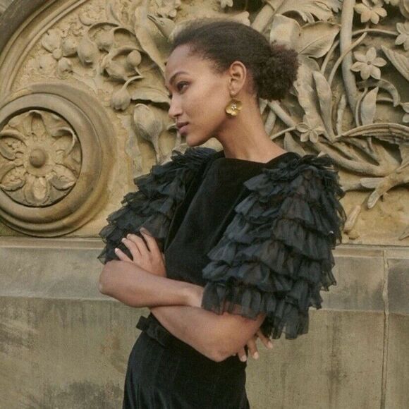 NWT Doen Heirloom Clarette Velvet Ruffle Top in Black Size XS - Picture 4 of 11